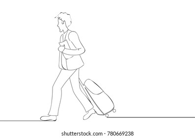 Businessman walking with travel suitcase and holding folder. For web site, ad, marketing, poster, travel agency and magazine. Creative business concept, vector illustration