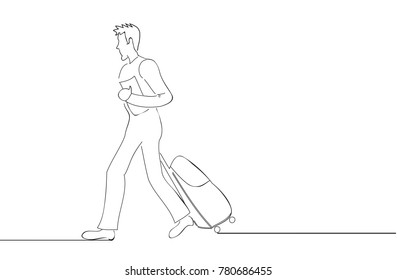 Businessman walking with travel suitcase and holding folder. For web site, ad, marketing, poster, travel agency and magazine. Creative business concept, vector illustration