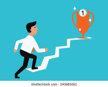 Businessman walking up to trophy, abstract illustration business concept in way to success. Flat design.