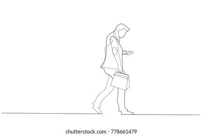 Businessman walking and typing sms message on cell phone. For web site, ad, marketing, poster, travel agency and magazine. Creative business concept, vector illustration