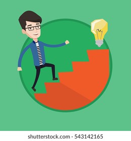 Businessman walking upstairs to the idea. Businessman running the stairs to get the idea bulb on the top. Business idea concept. Vector flat design illustration in the circle isolated on background.