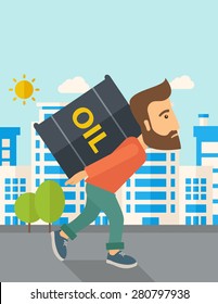 A businessman walking while carrying a heavy barrel of oil for delivery. A Contemporary style with pastel palette, soft blue tinted background with desaturated clouds. Vector flat design illustration