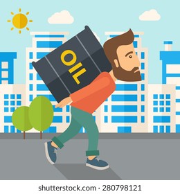 Um homem de negócios andando enquanto carrega um barril pesado de petróleo para entrega. Um estilo Contemporâneo com paleta pastel, plano de fundo azul suave com nuvens sem saturação. Ilustração de design plano vetorial