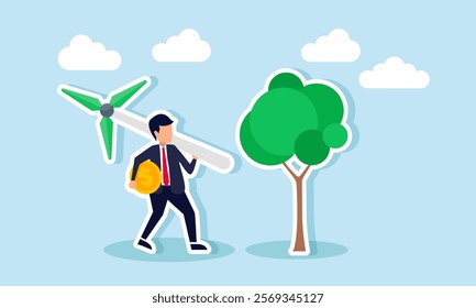 Businessman walking with a windmill and dollar coins towards a tree, illustration of corporate social responsibility in creating eco-friendly technology