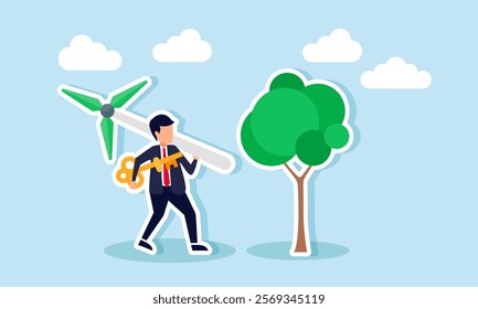 Businessman walking with a windmill and key towards a tree, illustration of business solutions in creating products with eco-friendly technology