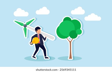 Businessman walking with a windmill and lamp towards a tree, illustration of business innovation in creating products with eco-friendly technology