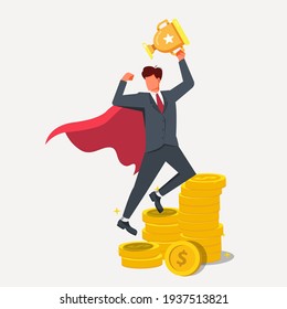 Businessman is walking to the winner cup by the stairs that looks like the word SUCCESS. Business strategy, growth, leadership.