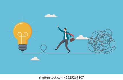 Businessman walking wire, light bulb, tangled mess. Simplify idea to find solution, thinking process or creativity to solve problem. solving complex problems