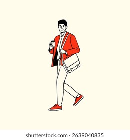 Businessman walking to work with coffee and a bag hand drawn vector illustration