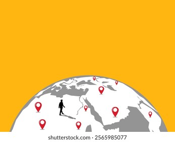 Businessman walks along the world map pins, expands branches, travels, searches for new businesses