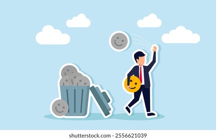 A businessman walks carrying a happy emoticon and throws a grayscale happy emoticon into a trash bin, illustration of step-by-step gaining increasing market attention