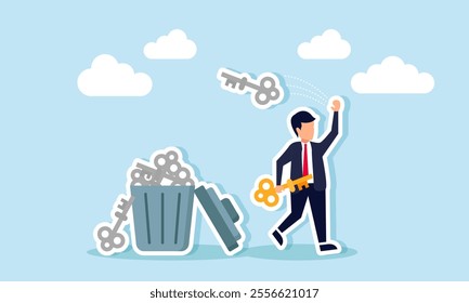 A businessman walks carrying a key and throws a grayscale key into a trash bin, illustration of step-by-step solving multiple business problems