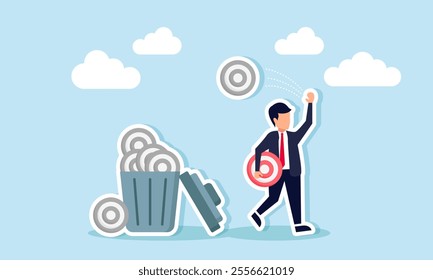 A businessman walks carrying a target board and throws a grayscale target board into a trash bin, illustration of step-by-step completing business targets