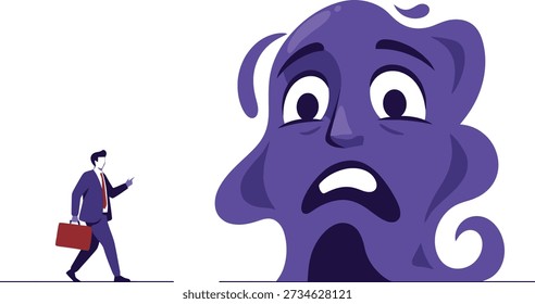 A businessman walks forward while looking back at a menacing, abstract monster, illustrating confrontation with fear or daunting challenges.