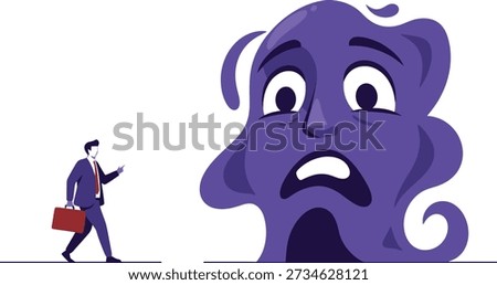 A businessman walks forward while looking back at a menacing, abstract monster, illustrating confrontation with fear or daunting challenges.