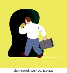 A businessman walks into the aisle and looks at his wristwatch, he has a suitcase in his hand with the Bitcoin symbol. Time is money. Cryptocurrency. Vector illustration for animation.