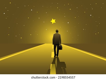 Businessman walks on the boundless road to the bright star, long journey starts with one step