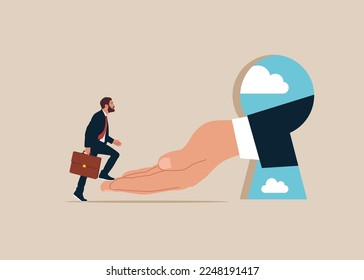 Empresario camina con una mano gigante. Promoción de la carrera profesional. Ilustración vectorial plana.