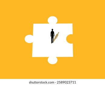 Businessman walks on an incomplete puzzle piece.