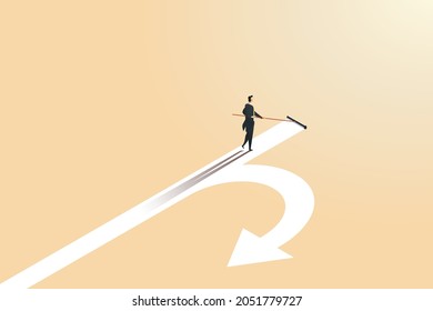 Businessman walks on a path that turns backwards but businessman creates a new arrow path with a roller. Creating new business opportunities. isometric vector illustration.