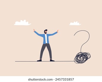 A businessman walks on a tangled rope forming a question mark, symbolizing the challenges and uncertainties faced in overcoming obstacles and making investment decisions