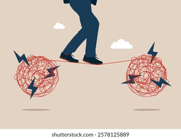 Businessman walks from one chaos to another along a tight rope. Mental health treatment or psychology support, help relief anxiety or depression, stress. Vector illustration.