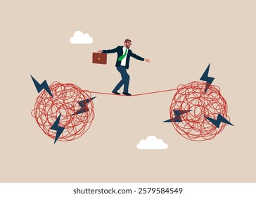 Businessman walks from one stress to another along a tight rope. Mental health treatment or psychology support, help relief anxiety or depression. Flat vector illustration.