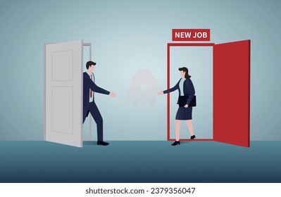 Businessman walks out from one door to another.Businesswoman comes out to welcome him.Change job, cooperation concept.