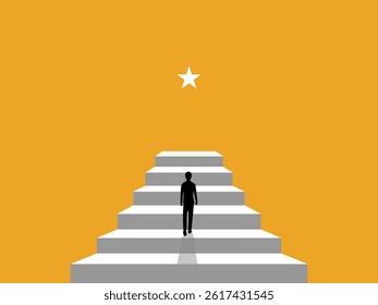 Businessman walks up the stairs to reach the star of success