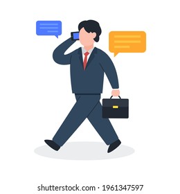 A businessman walks and talks on the phone. The creative concept idea of business contact, communication, or negotiation. Trendy cute vector illustration. Modern flat style graphic design character.