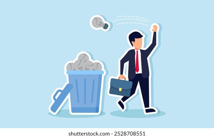 A businessman walks and throws a broken light bulb into a trash bin full of broken bulbs, illustrating discarding ideas that are irrelevant or unusable  