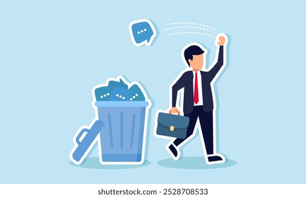 A businessman walks and throws a dialogue box into a trash bin full of dialogue boxes, illustrating discarding unimportant words or staying silent rather than speaking uselessly  