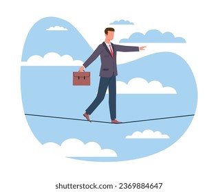 Businessman walks tightrope, concept of business risks. Man walking on rope. Symbol of achievement, bravery and courage. Conquering adversity problems solution. Vector cartoon flat illustration