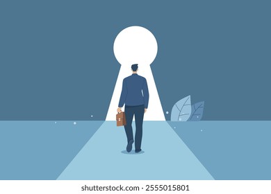 Businessman walks towards the key door of opportunity, Keys to Business Success or Ideas on How to Access Business and Succeed, Achievement potential and leadership mindset, Business opportunities.