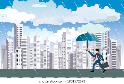 businessman walks under rain in the city , concept vector