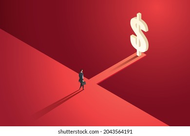 Businessman walks to a wooden bridge on the edge of a cliff with money on it. financial and business risk concept stability or balance of economy. isometric vector illustration.