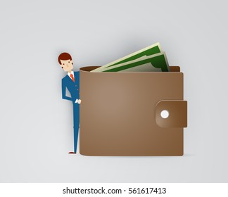 Businessman with wallet and cash paper art illustration vector