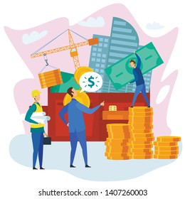 Businessman with Wallet Dollar Coin Stack Builder in Hardhat Plans Building Crane Vector Illustration. Office Center Construction Bank Credit Loan Debt Finance Profit Buy Business Real Estate Property
