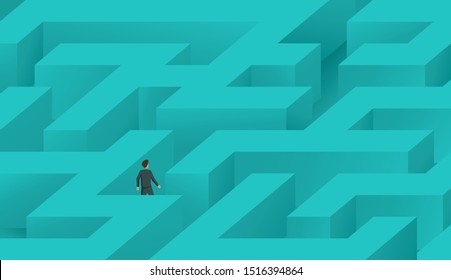 Businessman wandering in a maze and trying to find way out (solution strategy planning) - labyrinth puzzle confusion - vector metaphoric illustration