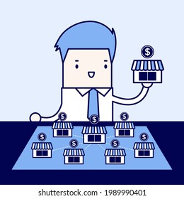 Businessman want to expand his business. Cartoon character thin line style vector.