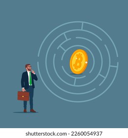 Businessman wanting to enter a bitcoin maze. Profit from the stock market or investment. Modern vector illustration in flat style 