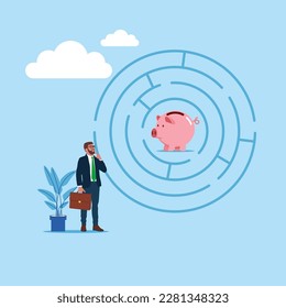Businessman wanting to enter a piggy bank maze. Flat vector illustration