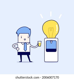 Businessman wants to drink idea from water bulb cooler. Cartoon character thin line style vector.