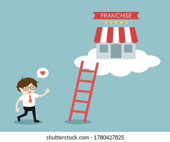 Businessman wants to go up to get his franchise job. Vector illustration.