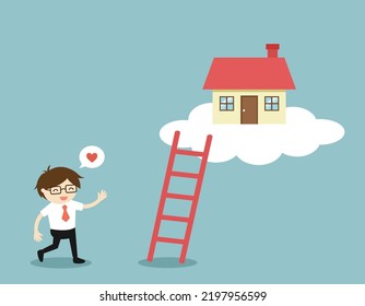 Businessman wants to go up to get his dream house. Vector illustration.
