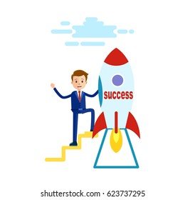 Businessman wants to reach success goes to rocket on white background. Young male in business suit goes to highest step of success. Man s hand says goodbye and rocket flies vector illustration