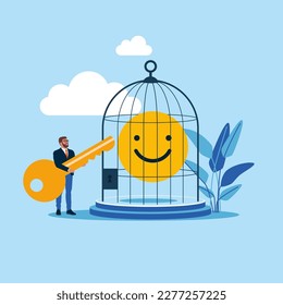 Businessman wants to unlock good mood or positive thinking. Positive emotion is locked in a large cage. Flat vector illustration