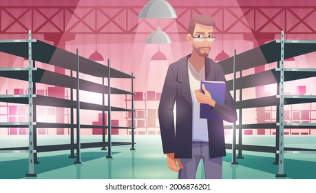 Businessman in warehouse with empty metal racks. Vector cartoon illustration of storage room interior with worker and shelves for stock, cargo, goods. Storehouse with man with folder