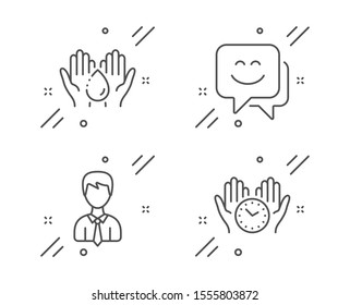 Businessman, Wash hands and Smile face line icons set. Safe time sign. User data, Skin care, Chat. Hold clock. People set. Line businessman outline icon. Vector