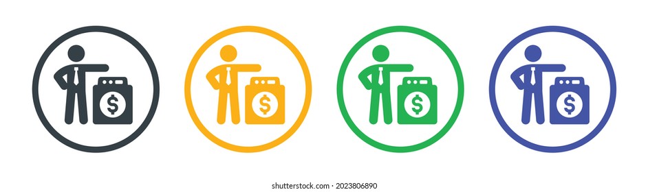 Businessman washing money in machine, money laundering icon. Financial fraud concept